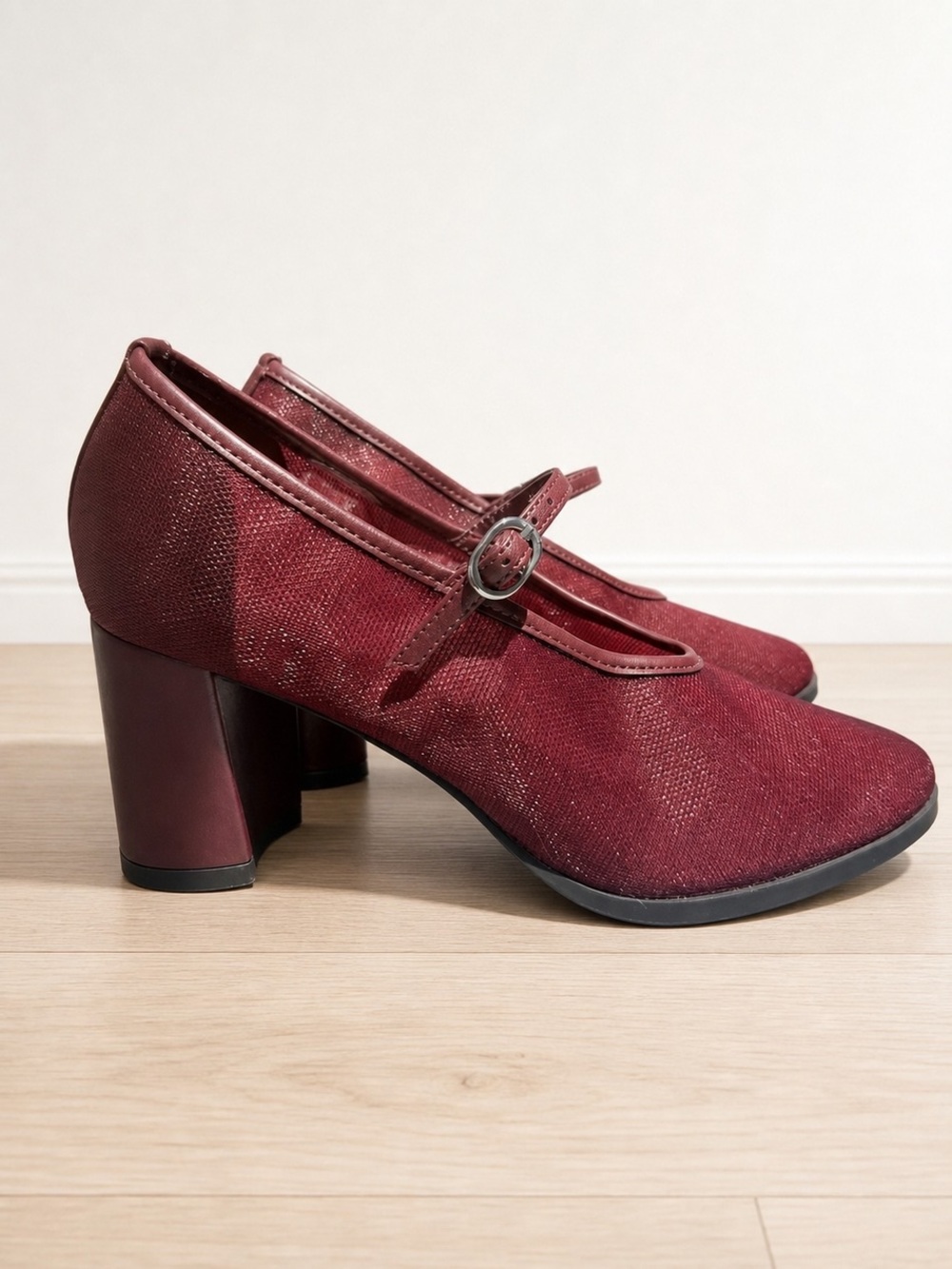 Structured Burgundy Mary Jane Block Heel Pumps